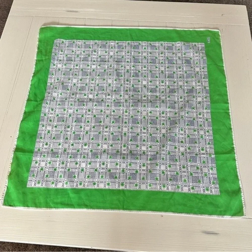 Vintage 70's White Lime Green Polka Dot Silk Rayon Scarf Square Glamour Retro